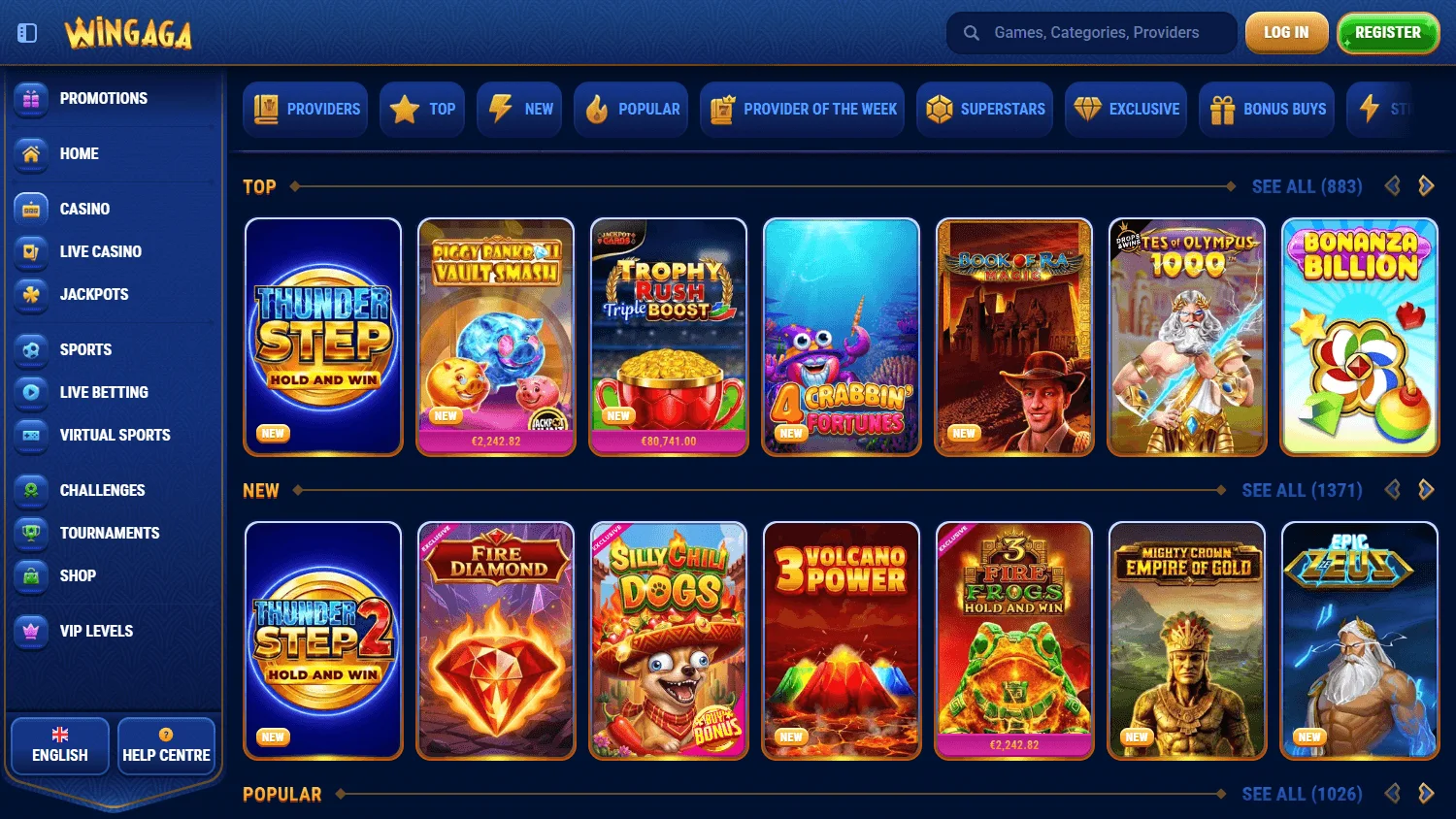 Wingaga Casino desktop casino game selection