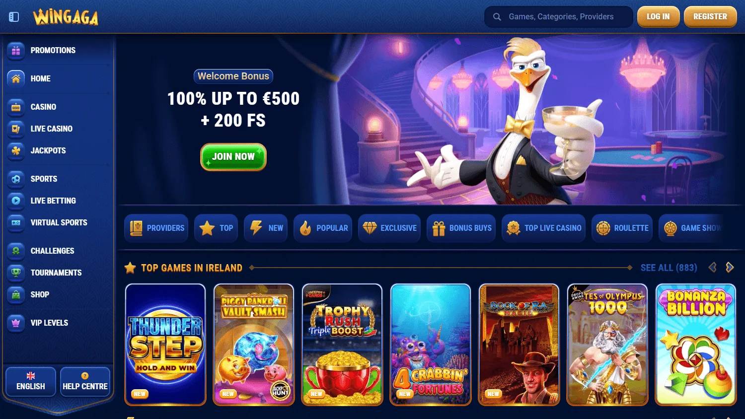 Wingaga Casino desktop home experience