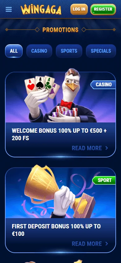 Wingaga Casino mobile promotions area