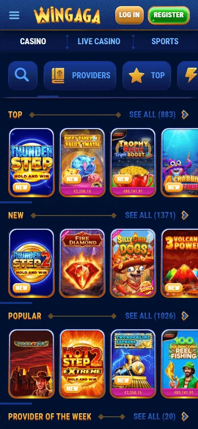 Wingaga Casino mobile game selection